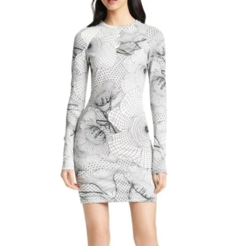Christopher Kane Grid Floral Printed Dress 3D Optical Illusion Long Sleeve Mini